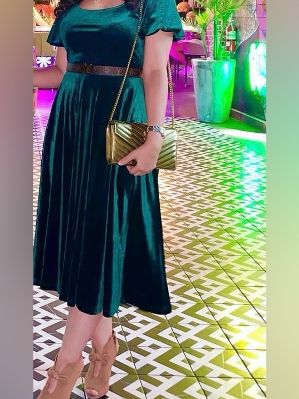 Ivy City Co Dark Green Velvet Midi Dress with Puff Sleeves